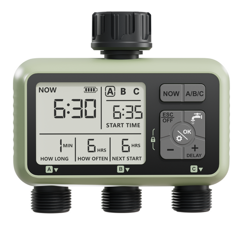 Water Timer 3 Outlet for Garden Hose IP54 with Rain Delay and Manual/Auto Mode Watering for Lawn