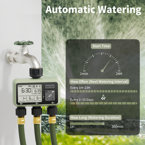 Water Timer 3 Outlet for Garden Hose IP54 with Rain Delay and Manual/Auto Mode Watering for Lawn