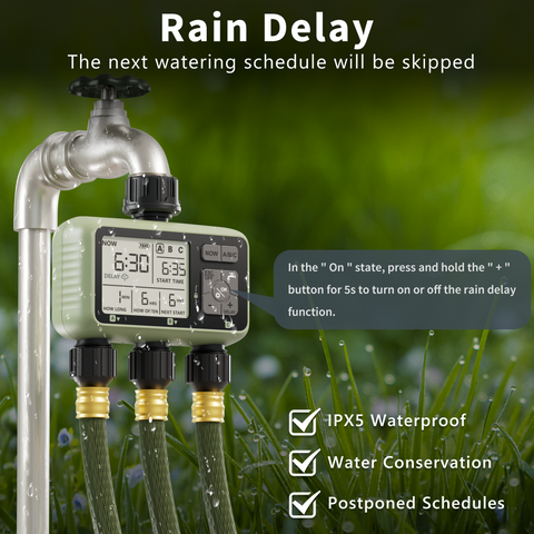 Water Timer 3 Outlet for Garden Hose IP54 with Rain Delay and Manual/Auto Mode Watering for Lawn