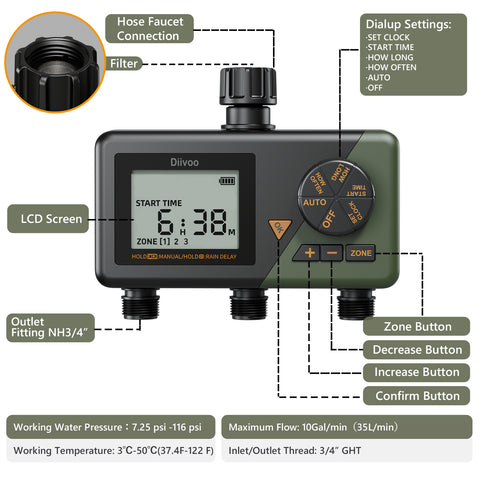 Diivoo Water Hose Timer 3 Outlet for Garden