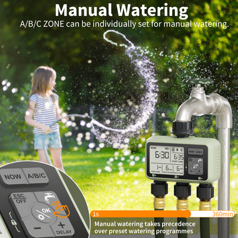 Water Timer 3 Outlet for Garden Hose IP54 with Rain Delay and Manual/Auto Mode Watering for Lawn