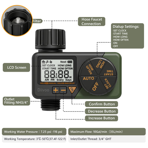 Diivoo Irrigation Hose Timer with Weekly and Daily Frequency Irrigation 2-Packs